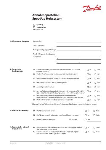 Aufnahmeprotokoll für SpeedUp und SpeedUp Eco Heating Systems