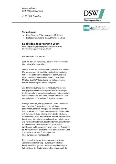 Es gilt das gesprochene Wort - DSW