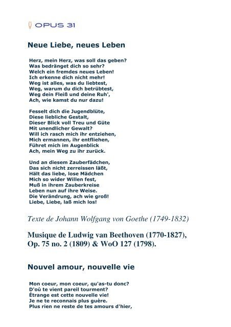 Texte de Johann Wolfgang von Goethe (17491832 Opus 31