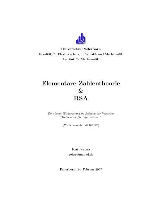 Kurzskript zur elementaren Zahlentheorie und RSA - Institut für ...