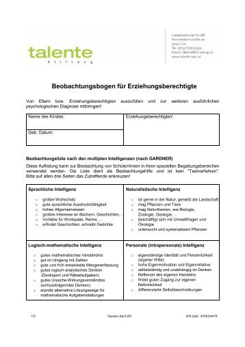 Beobachtungsbogen für Erziehungsberechtigte - Talente