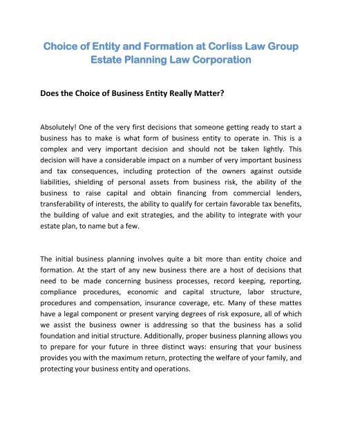 Choice of Entity and Formation at Corliss Law Group Estate Planning Law Corporation