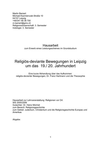 Religiös-deviante Bewegungen in Leipzig 19.-20.Jh ... - Martin Bamert