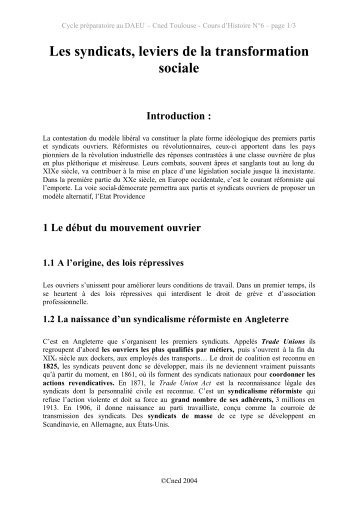 Les syndicats, leviers de la transformation sociale Introduction