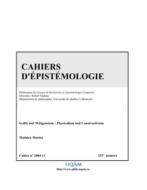 CAHIERS D'ÉPISTÉMOLOGIE - UQAM