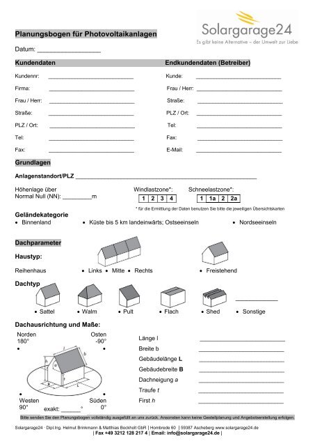 Planungsbogen für Photovoltaikanlagen - Solargarage24