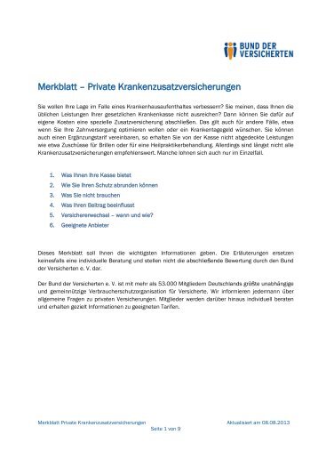 Merkblatt – Private Krankenzusatzversicherungen - Bund der ...