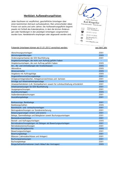 Merkblatt Aufbewahrungsfristen - Ringelke