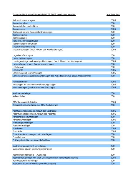 Merkblatt Aufbewahrungsfristen - Ringelke