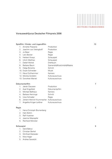 Vorauswahljurys Deutscher Filmpreis 2006 - Deutsche Filmakademie