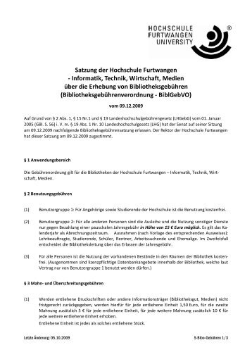 Gebührenordnung Bibliothek 2010 - Hochschule Furtwangen