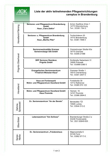 Liste aller teilnehmenden Einrichtungen in Brandenburg - AOK ...