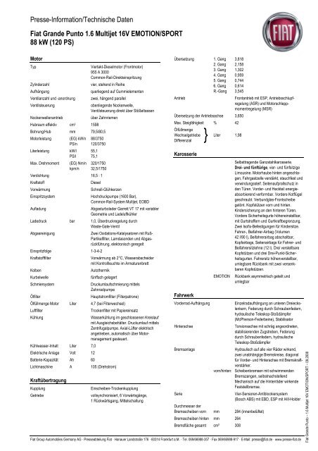 Presse-Information/Technische Daten Fiat Grande Punto 1.6 Multijet ...