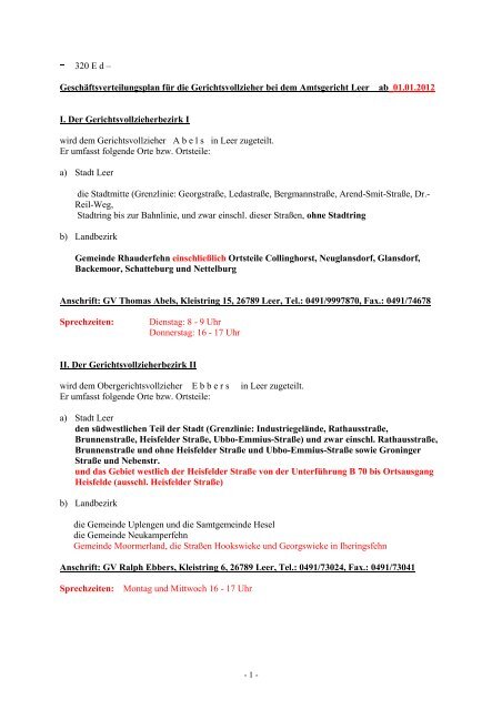 Geschaftsverteilungsplan Der Gerichtsvollzieher Amtsgericht Leer