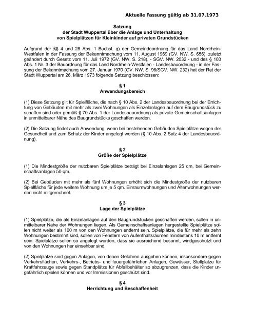 Satzung über die Anlage und Unterhaltung von ... - Stadt Wuppertal