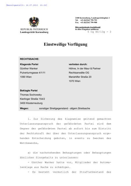 Einstweilige Verfügung - Stop Gaming