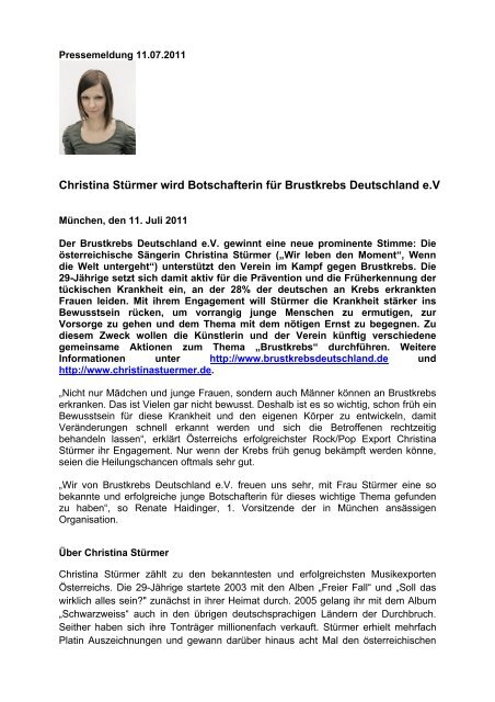 Christina Stürmer wird Botschafterin für Brustkrebs Deutschland e.V