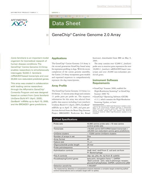 Data Sheet, GeneChip® Canine Genome 2.0 Array (pdf, 688 KB)