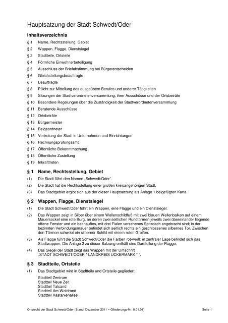 Hauptsatzung der Stadt Schwedt/Oder