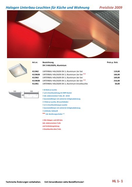 Halogen Unterbau-Leuchten für Küche und Wohnung Preisliste 2009