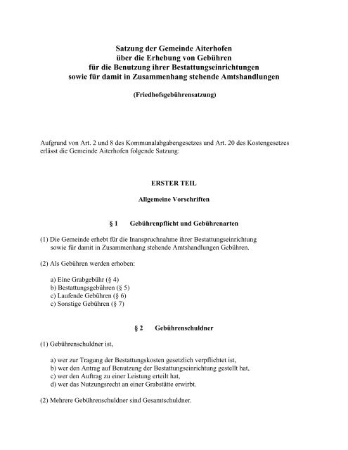 Satzung der Gemeinde Aiterhofen über die Erhebung von Gebühren ...