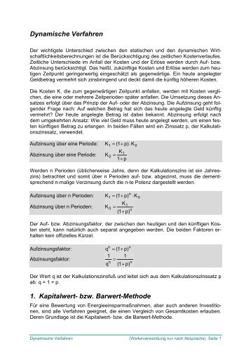 Dynamische Verfahren 1. Kapitalwert- bzw. Barwert-Methode - delta-q