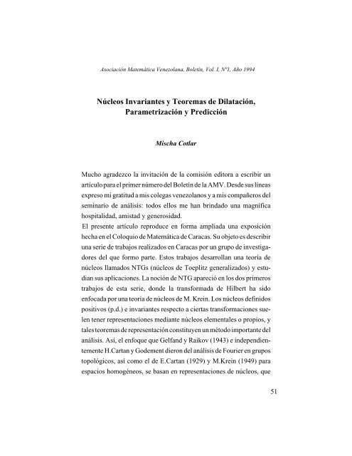 Núcleos Invariantes y Teoremas de Dilatación, Parametrización y ...