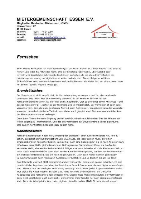 Ratgeber: Fernsehen - Mietergemeinschaft Essen eV