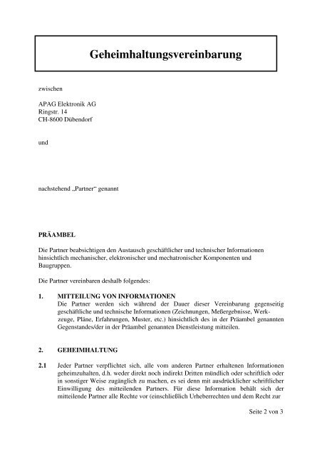 Geheimhaltungsvereinbarung (PDF, 12Kb) - APAG Elektronik AG