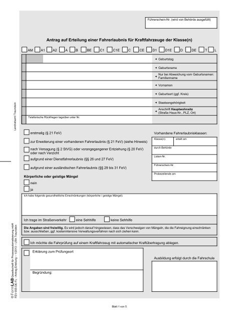 Bescheinigung über ärztliche Untersuchung Fahrerlaubnis Pdf Antrag auf Erteilung einer Fahrerlaubnis für - Fastforms.de