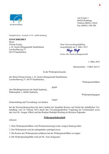 Anlage 2 zur Klageschrift (Widerspruchsbescheid) - in Saarheim