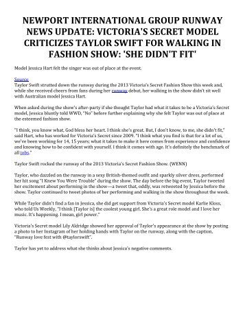 Newport International Group Runway News Update: Victoria's Secret Model Criticizes Taylor Swift For Walking In Fashion Show: 'She Didn't Fit'