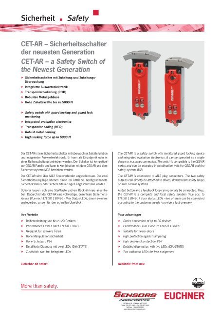 Euchner Cet Ar Safety Switch Sensors Incorporated