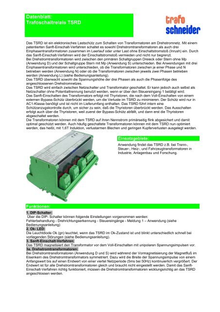 Datenblatt: Trafoschaltrelais TSRD - Trafo Schneider