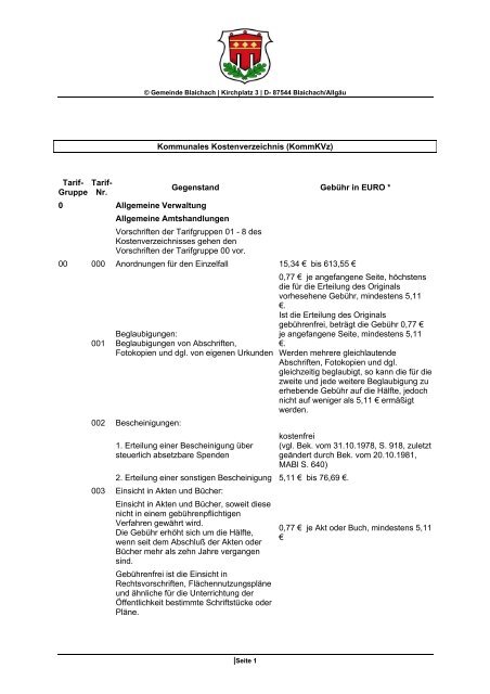 Kommunales Kostenverzeichnis - Gemeinde Blaichach