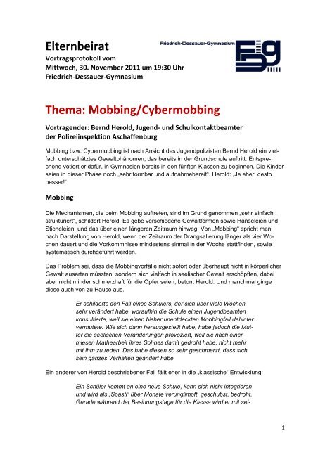 Mobbing/Cybermobbing - Friedrich-Dessauer-Gymnasium