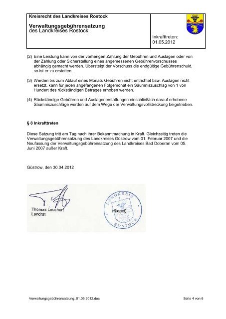 Verwaltungsgebührensatzung des Landkreises Rostock