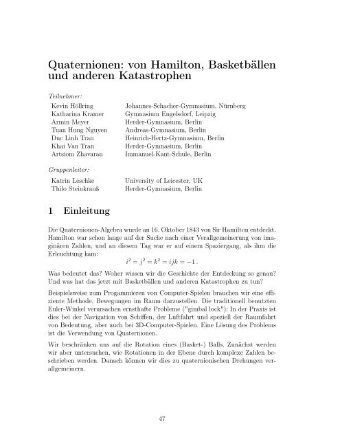 Quaternionen: von Hamilton, Basketbällen und anderen Katastrophen