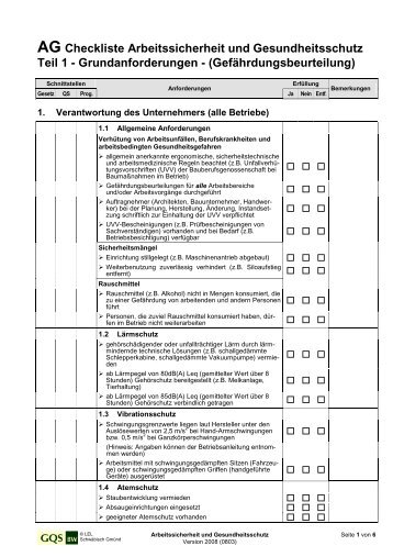 Checkliste Arbeitssicherheit Teil 1 -Grundanforderungen- - VSSE