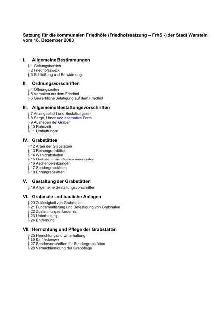 Satzung für die kommunalen Friedhöfe (Friedhofssatzung ... - Warstein