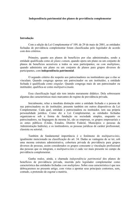 Independência Patrimonial dos Planos de Previdência Complementar