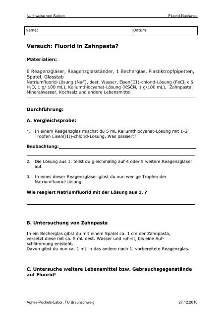 Versuch: Fluorid in Zahnpasta? - Agnes-Pockels-Labor