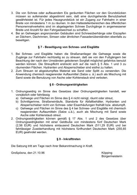 Satzung über die Verpflichtung der Straßenanlieger ... - in Grosspösna
