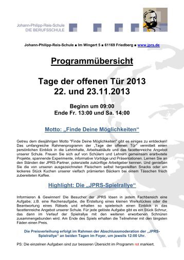 Programmübersicht Tage der offenen Tür 2013 22. und 23.11.2013