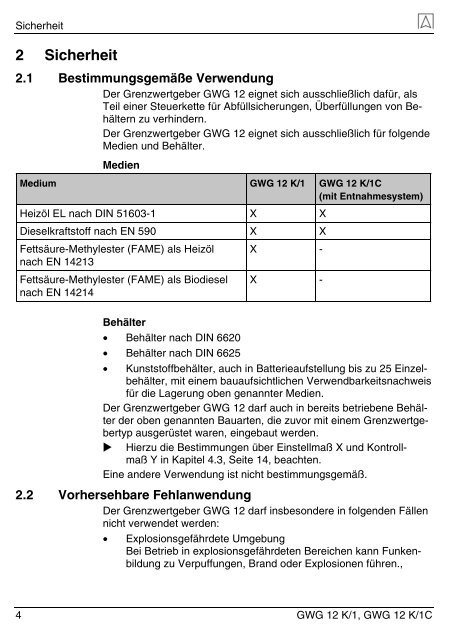 Betriebsanleitung für Grenzwertgeber 12 K/1C - Wekonn