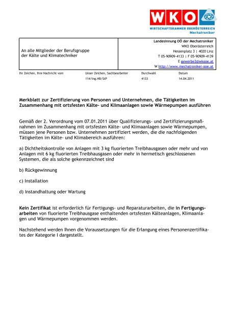 Merkblatt zur Zertifizierung - Landesinnung der Mechatroniker OÖ.