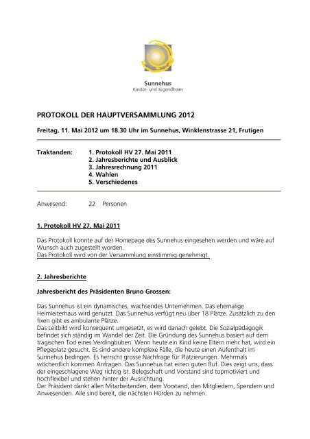 Protokoll der Hauptversammlung 2012 (PDF) - Sunnehus