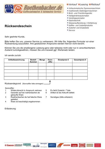 Rücksendeschein - Röthenbacher Kaffeeautomaten & Automaten ...