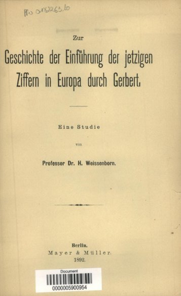 Zur Geschichte der Einfuhrung der jetzigen Ziffern in Europa durch ...