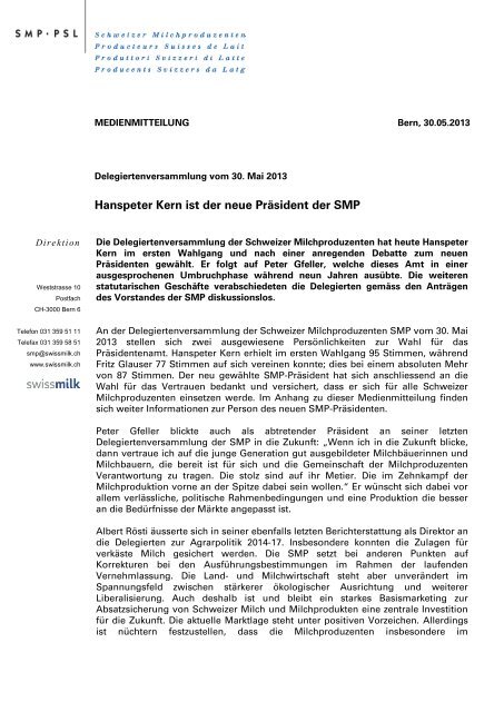 Hanspeter Kern ist der neue Präsident der SMP (PDF ... - Swissmilk